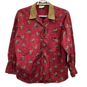 Vintage Susan Bristol Cotton Red Fishing Print L/S Corduroy Collar Shirt Size 16